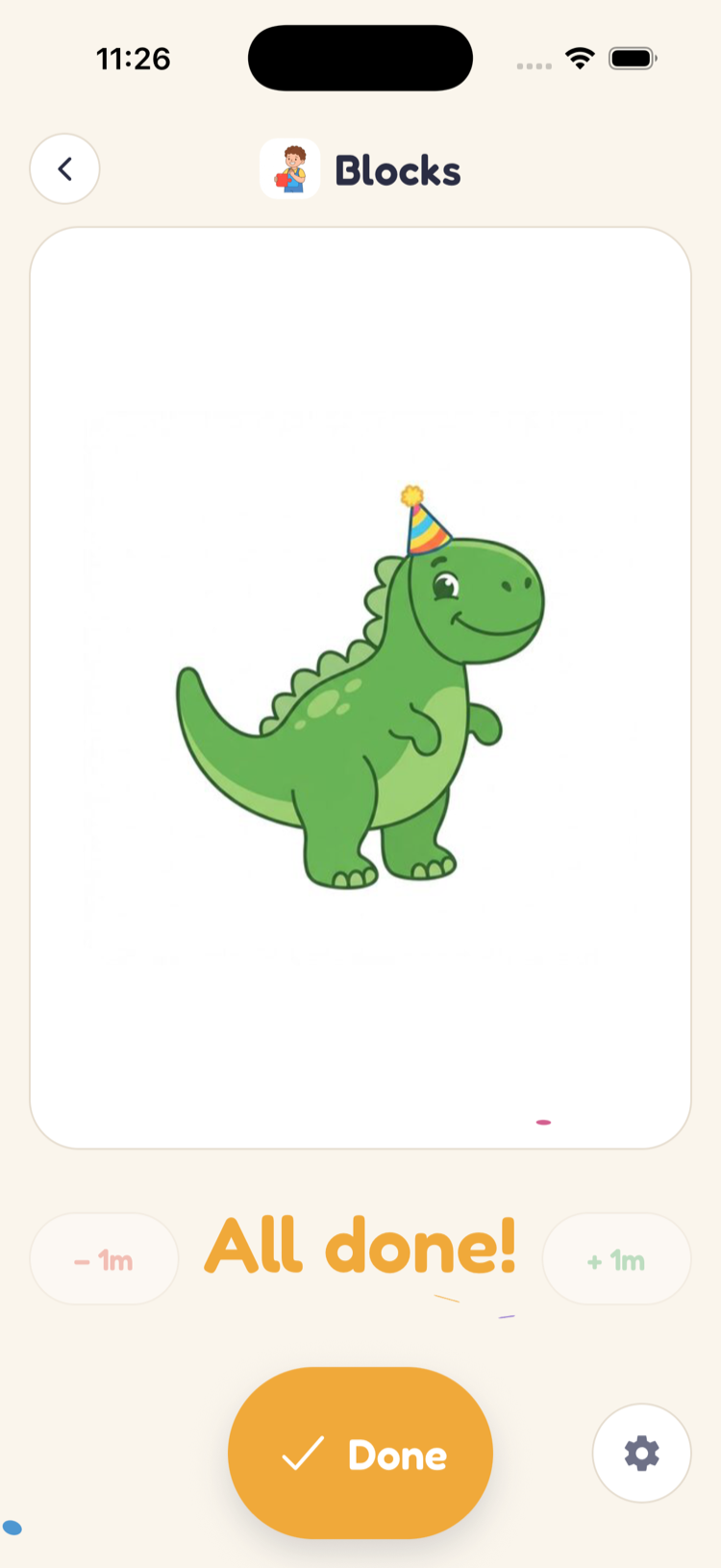 A finished timer: the fully revealed dinosaur wears a party hat and the screen says All done!