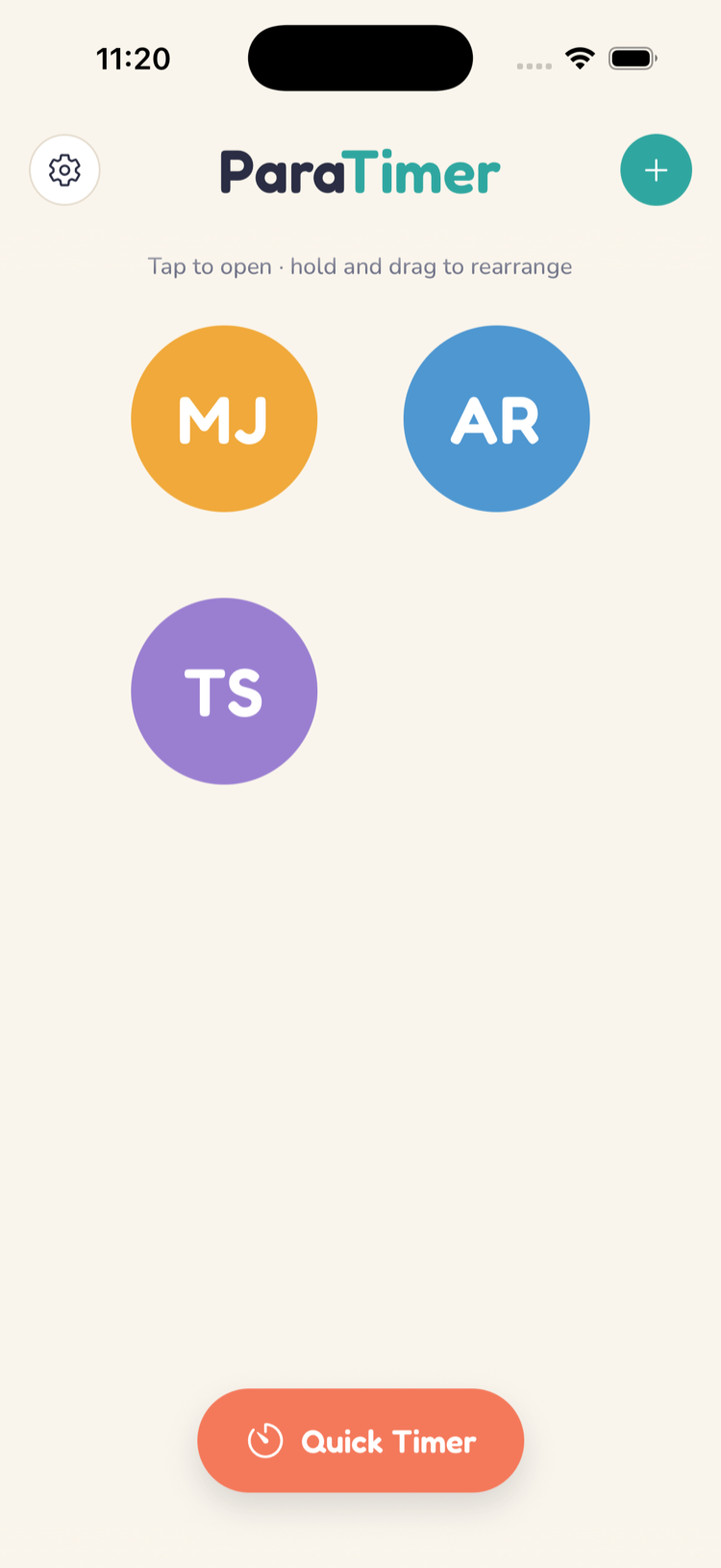 ParaTimer home screen with three children shown as big colored circles labeled MJ, AR, and TS
