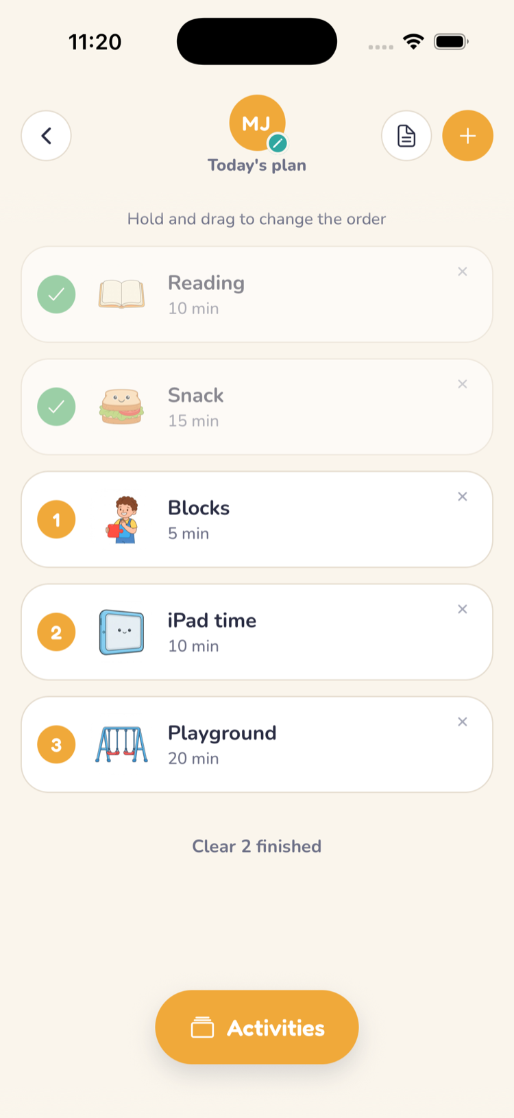A child's schedule: Reading and Snack checked off, Blocks, iPad time, and Playground still to do