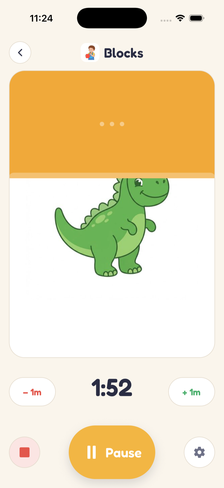 ParaTimer running a 5-minute Blocks timer on an iPhone; a curtain has uncovered most of a friendly dinosaur picture and 1:52 remains